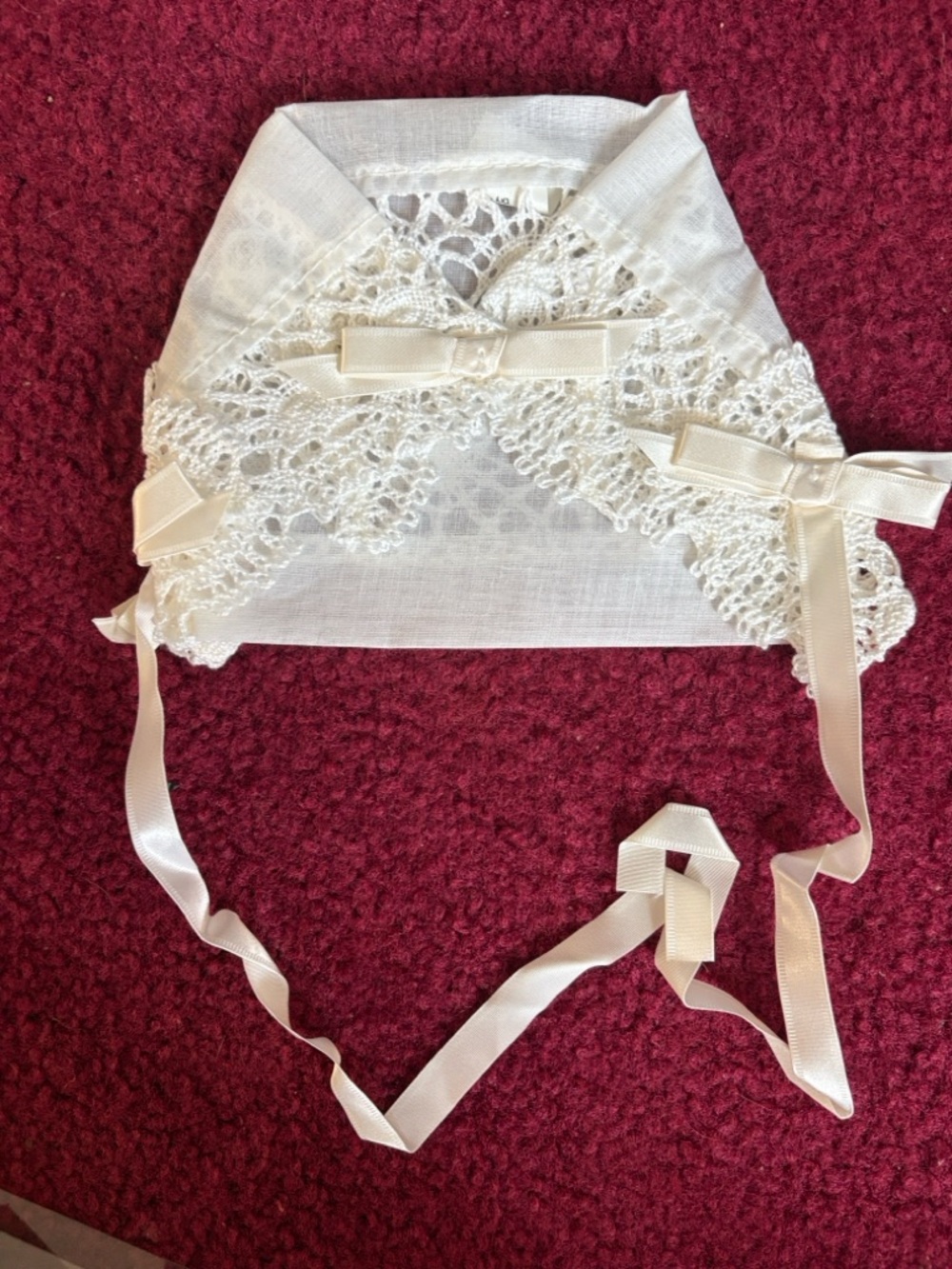 Hallmark White Crochet Lace Baby Bonnet with Pink Accents